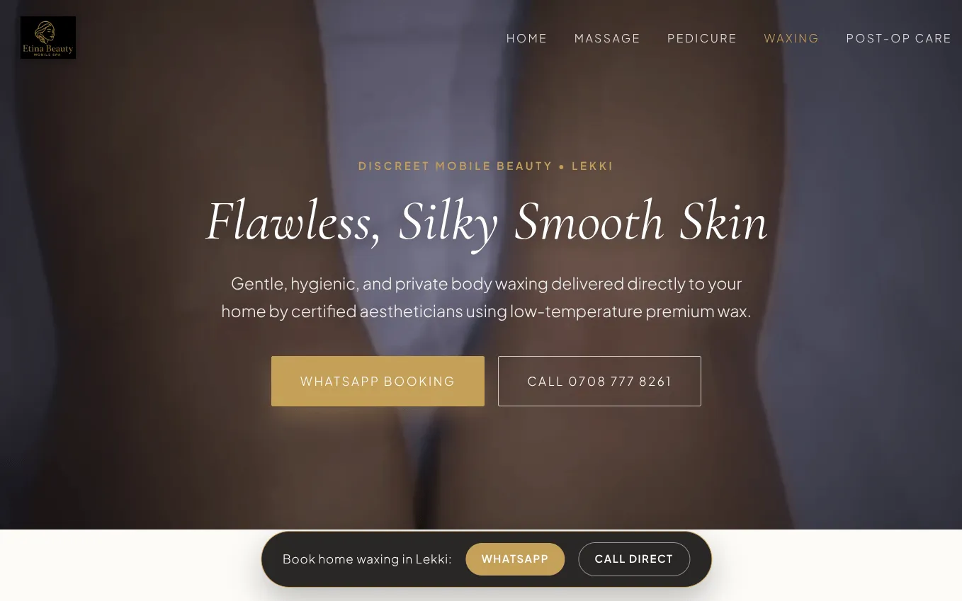 Etina Beauty Spa mobile spa website, Lekki