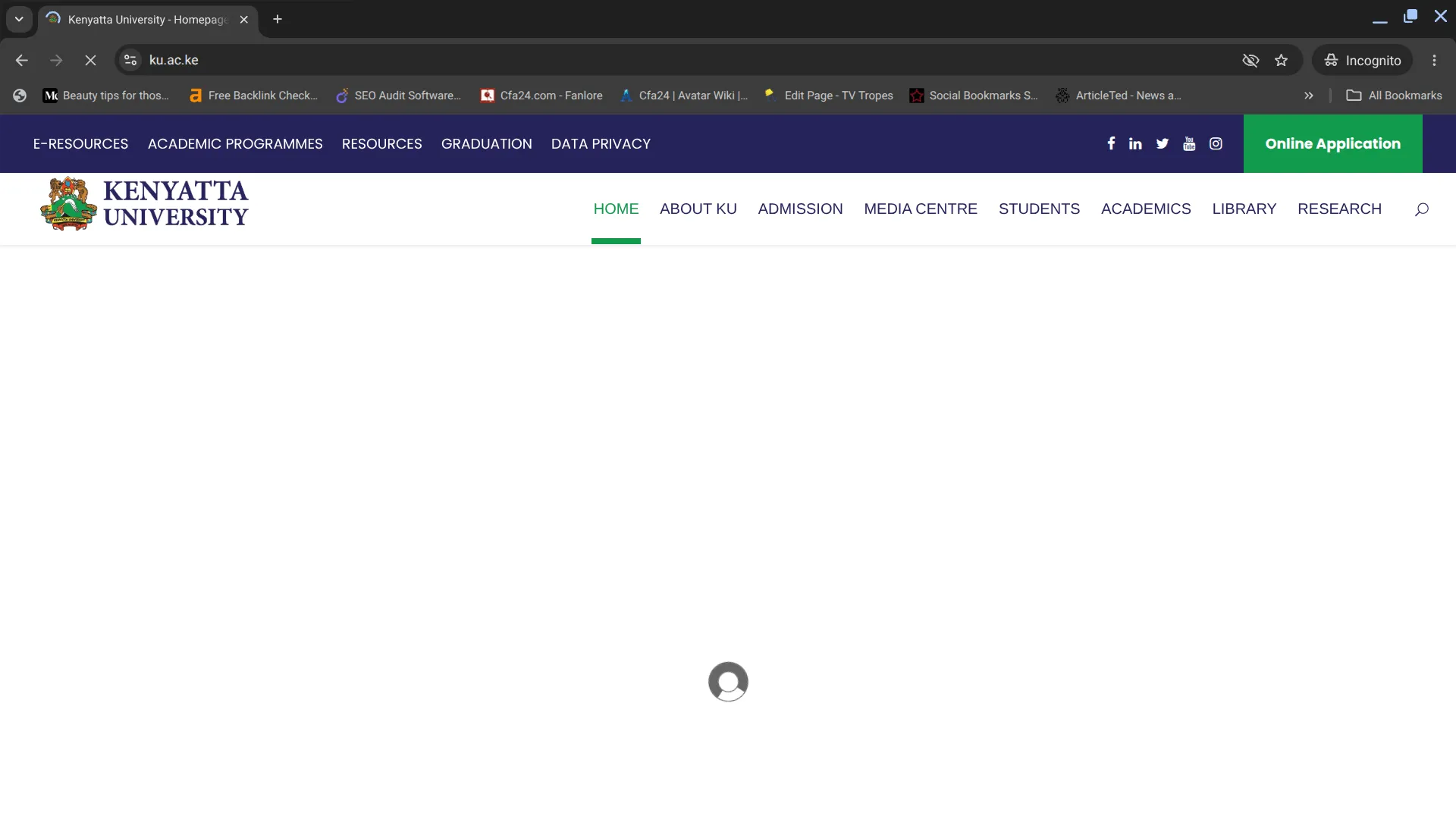 Kenyatta University Homepage initial render stuck on blank viewport and centered loading spinner