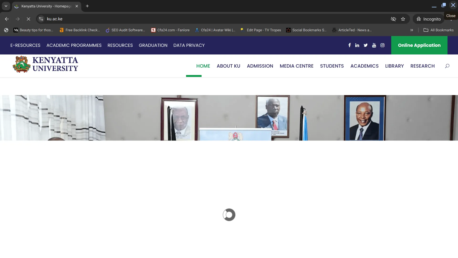 Kenyatta University Homepage delayed render state showing partial navigation loading